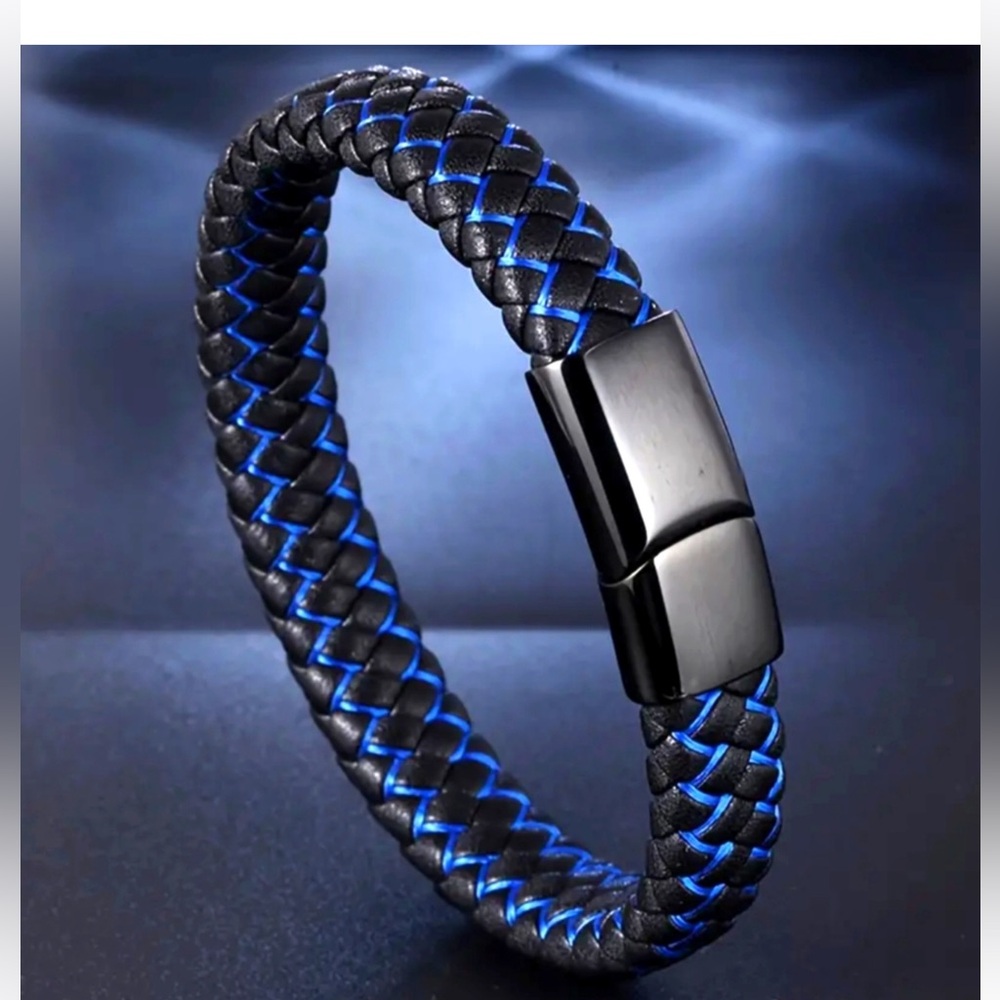 💛 Blue & Black Woven Leather Bracelet - Picture 3 of 5